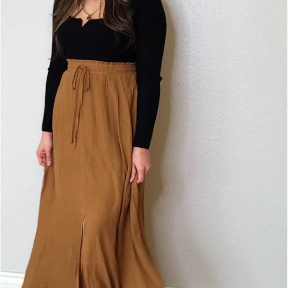 Angie Camel A-Line Maxi Skirt with Front Slit